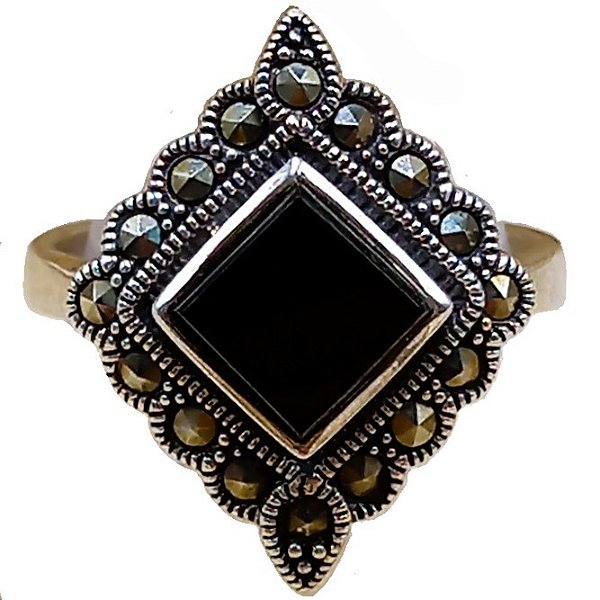 Anel Losango De Prata 925 Com Marcassitas e Ônix No. 20