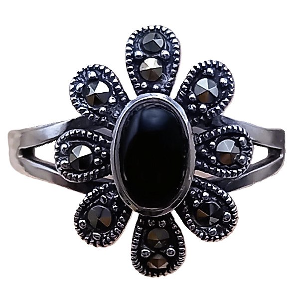 Anel Flor de Prata 925 com Pedra Ônix