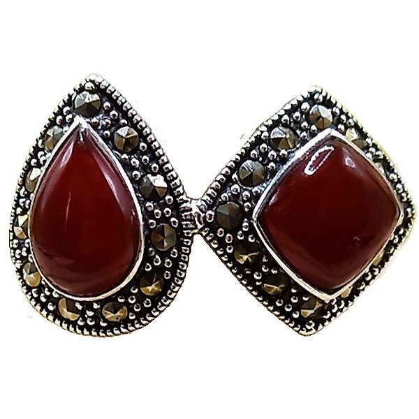 Anel Gota e Losango de Prata 925 Com Marcassitas e Ágata Vermelha No. 16