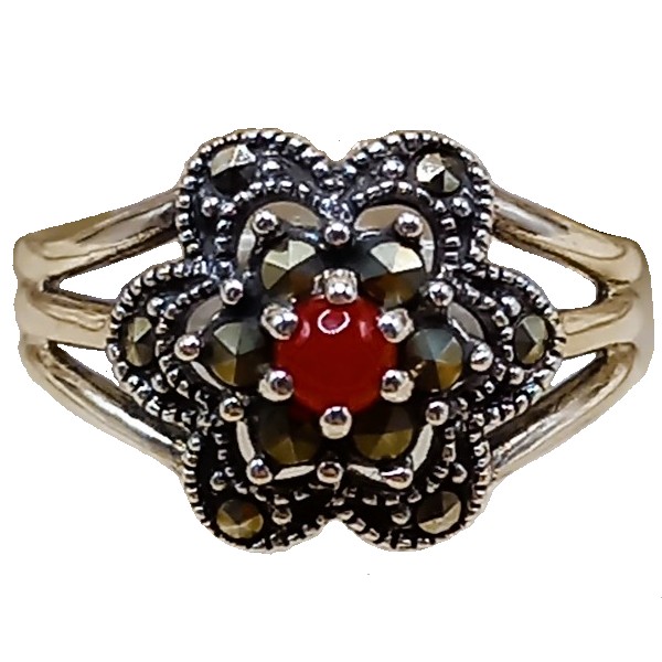 Anel Flor de Prata 925 com Marcassitas e Ágata Vermelha No. 16