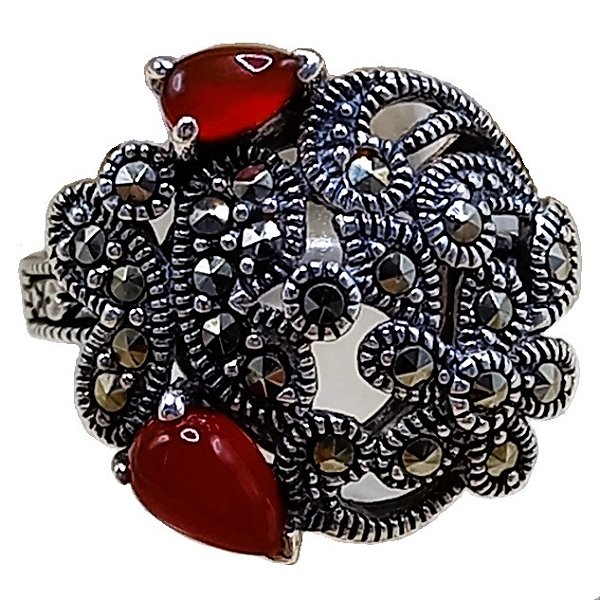 Anel Flor e Borboleta De Prata 925 Marcassitas e Ágata Vermelha No. 17