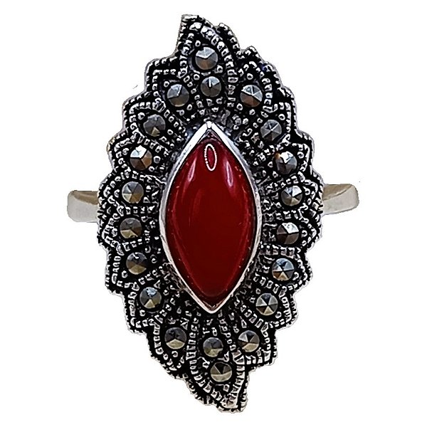 Anel Folha De Prata 925 Marcassitas e Ágata Vermelha No. 18