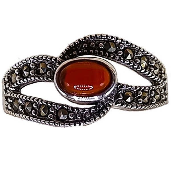 Anel De Prata 925 Com Marcassitas e Ágata Vermelha 3,8g