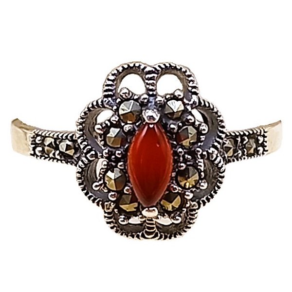 Anel Flor De Prata 925 Com Marcassitas e Ágata Vermelha No. 19