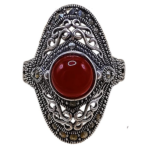 Anel Oval De Prata 925 Com Marcassitas e Ágata Vermelha 5,8g No. 19