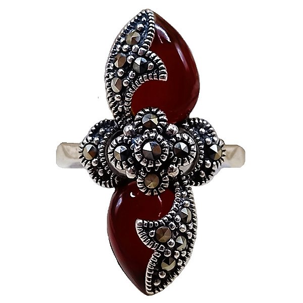 Anel Flor De Prata 925 Com Marcassitas e Ágata Vermelha 6,8g No. 19