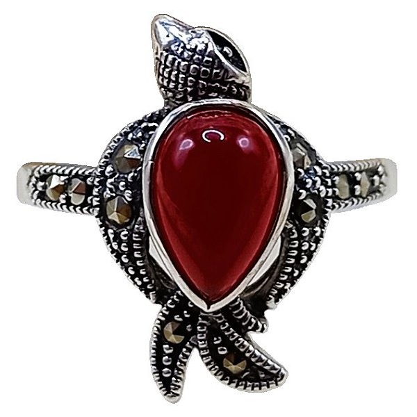 Anel Passarinho De Prata 925 Com Marcassitas e Ágata Vermelha No. 16
