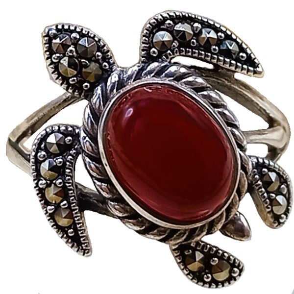 Anel Tartaruguinha De Prata 925 Com Marcassitas e Ágata Vermelha No. 16