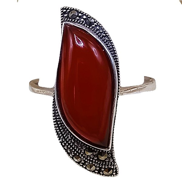 Anel Folha De Prata 925 Com Marcassitas e Ágata Vermelha 4,2g No. 20