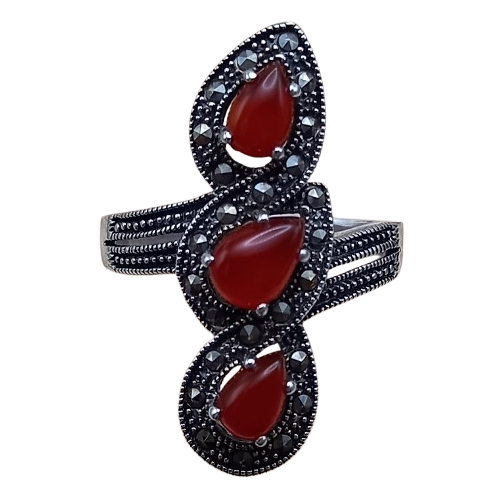 Anel Gotas de Prata 925 com Marcassitas e Ágata Vermelha No. 22