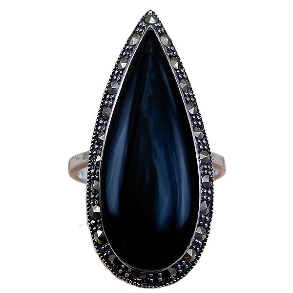 Anel de Prata 925 com Gota de Onix e Marcassitas No. 16
