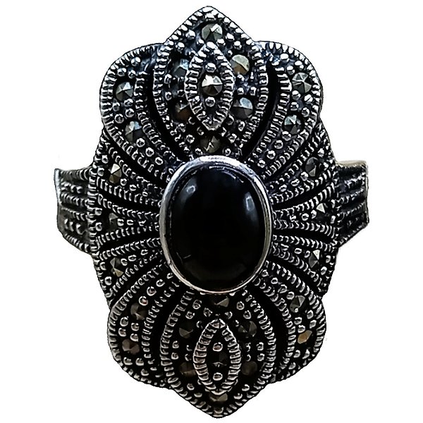 Anel De Prata 925 Com Marcassitas e Ônix 6,2g No.18