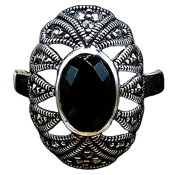 Anel De Prata 925 Com Marcassitas e Ônix Facetado No. 18