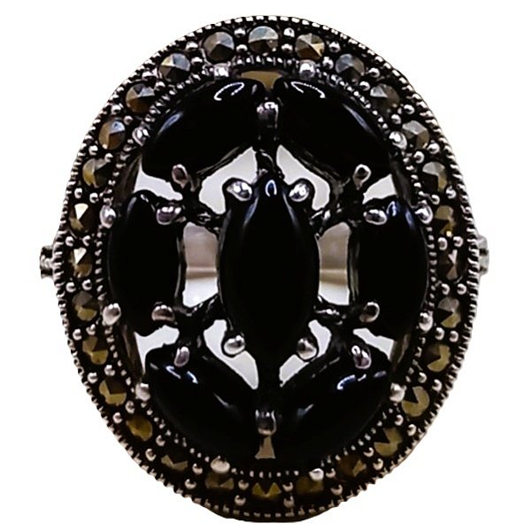 Anel Chuveiro De Prata 925 Com Marcassitas e Ônix No. 18