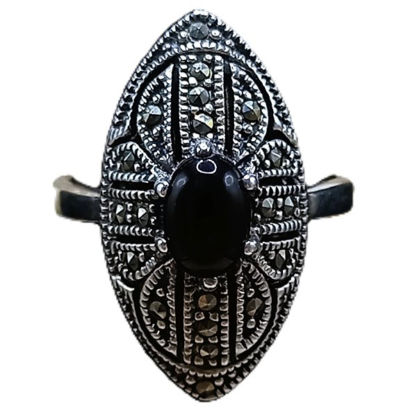 Anel De Prata 925 Com Marcassitas e Ônix Oval 4,2g