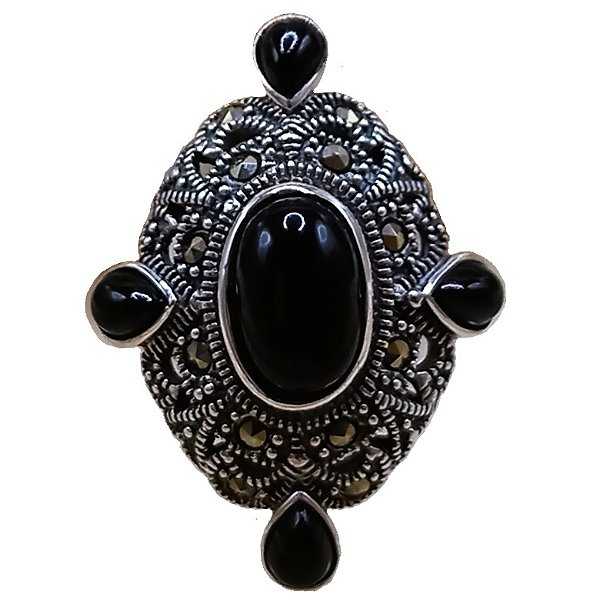 Anel De Prata 925 Com Marcassitas e Ônix 5g No. 19