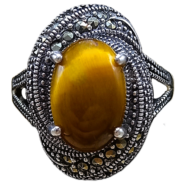 Anel de Prata 925 com Marcassitas e Pedra Olho de Tigre No. 20