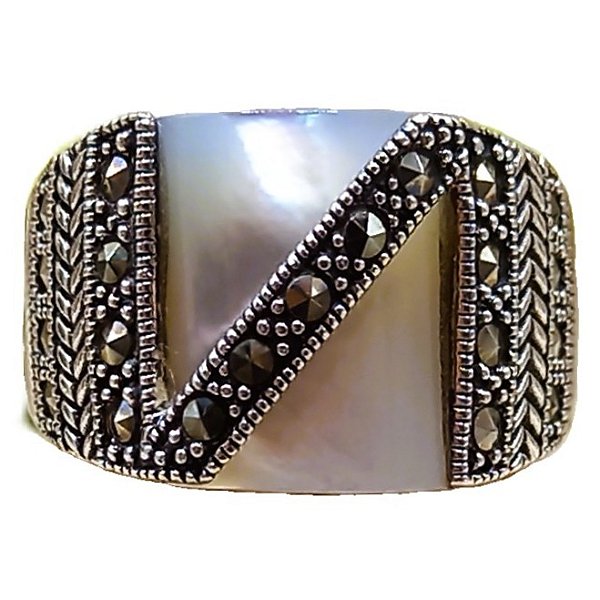 Anel De Prata 925 Com Marcassitas e Madrepérola Retangular No. 17