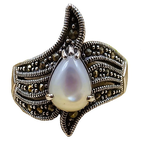 Anel De Prata 925 Com Marcassitas e Madrepérola 7g No. 18