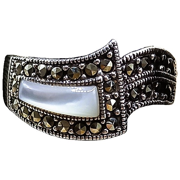 Anel De Prata 925 Com Marcassitas e Madrepérola Retangular No. 18