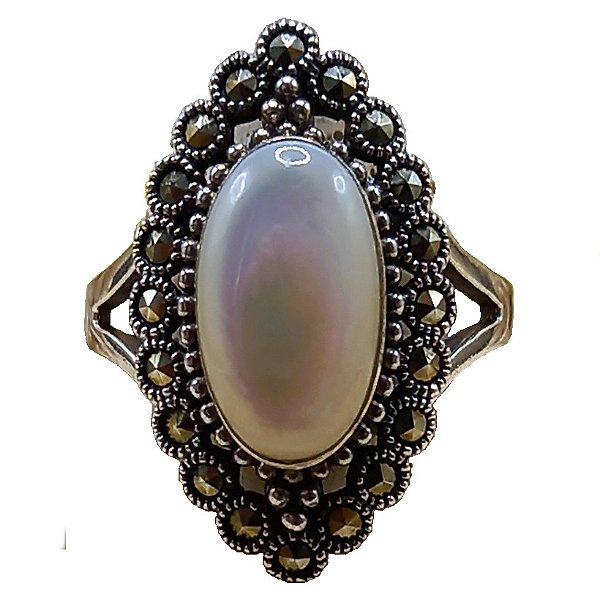 Anel De Prata 925 Com Marcassitas e Madrepérola Oval 5g No. 19