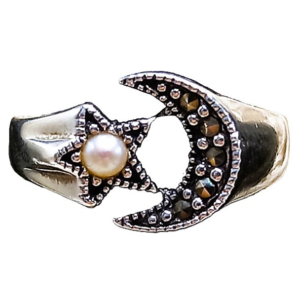 Anel Lua e Estrela De Prata 925 Com Marcassitas e Pérola de Água Doce No. 16/17