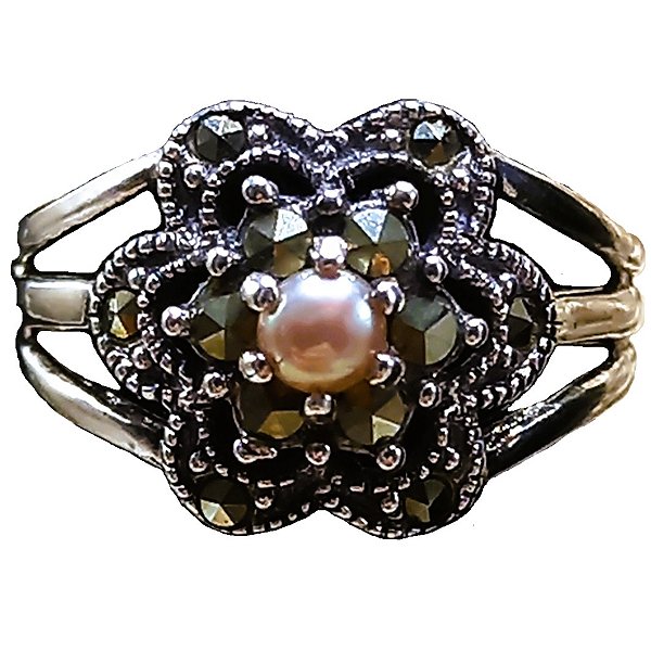 Anel de Prata 925 com Marcassitas e Pérola Rose de Água Doce No. 15/16