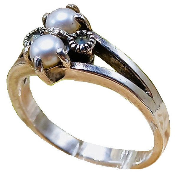 Anel De Prata 925 Com Marcassitas e Pérolas de Água Doce No. 16