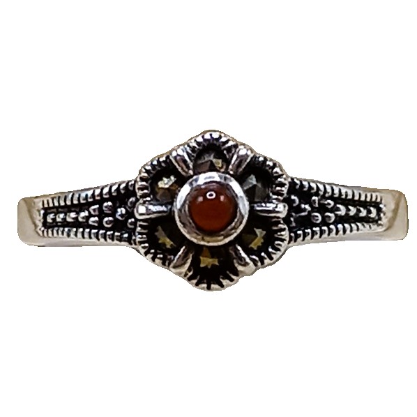 Anel Florzinha De Prata 925 Com Marcassitas e Ágata Vermelha No. 16/17