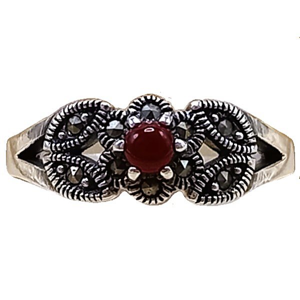 Anel Flor e Folhas De Prata 925 Com Marcassitas e Ágata Vermelha No. 16/17