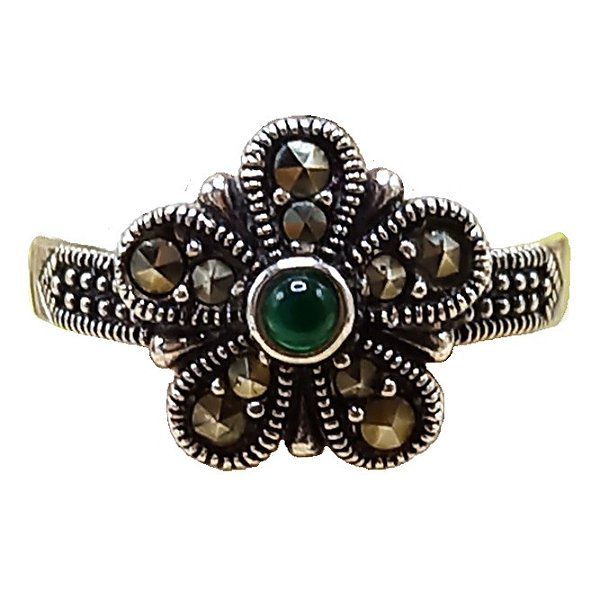 Anel Flor de Prata 925 com Marcassitas e Ágata Verde No. 15/16