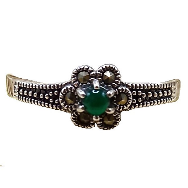 Anel Florzinha De Prata 925 Com Marcassitas e Ágata Verde No. 17/18