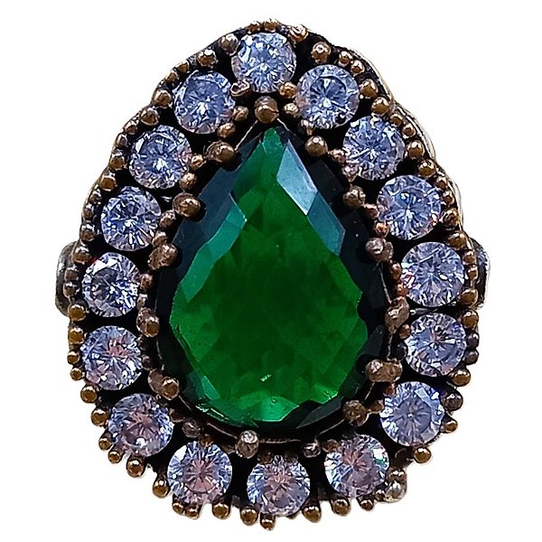 Máxi Anel Turco de Prata 925 e Bronze Gota Verde e Cristal 15,8g