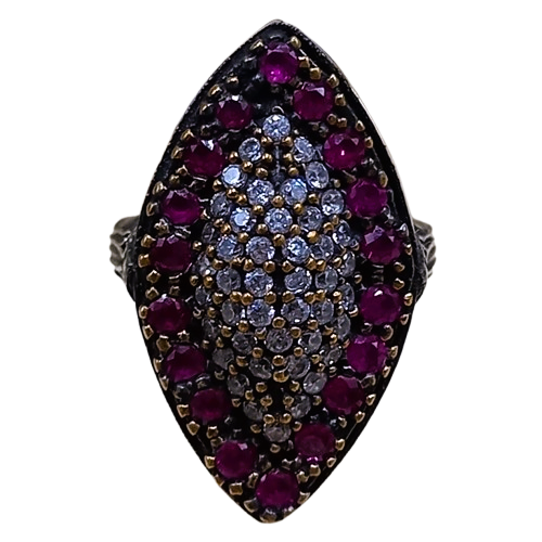 Anel Turco Prata 925 e Bronze Zircônias Pink e Cristal No.17