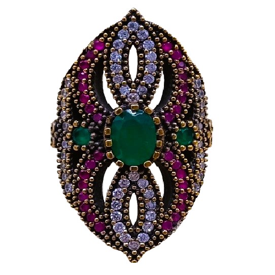 Máxi Anel Turco de Prata 925 e Bronze Verde Pink e Cristal