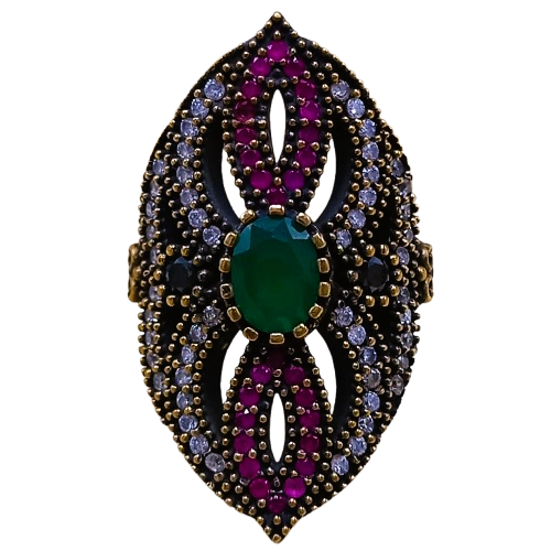 Máxi Anel Turco de Prata 925 e Bronze Verde Rubi e Cristal No. 17