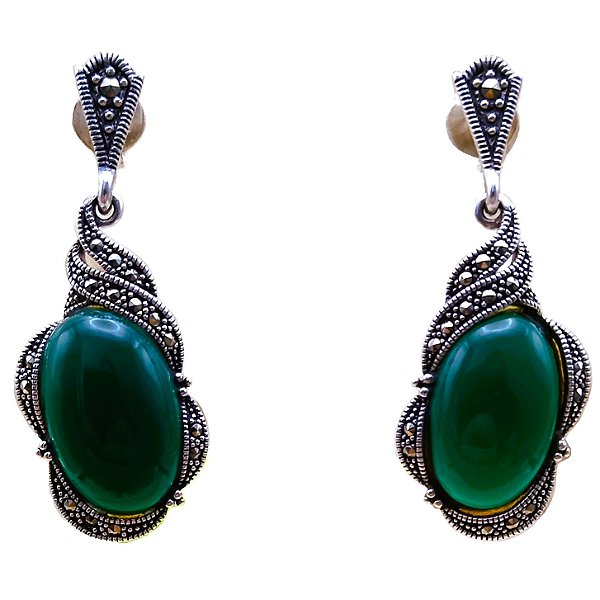 Brinco de Prata 925 com Marcassitas e Pedra Ágata Verde 4 cm