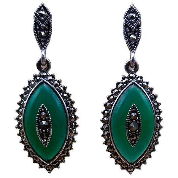 Brinco de Prata 925 com Marcassitas e Pedra Ágata Verde 4 cm