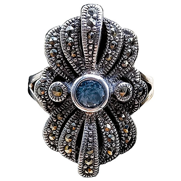 Anel De Prata 925 Com Marcassitas e Topázio Azul No. 17