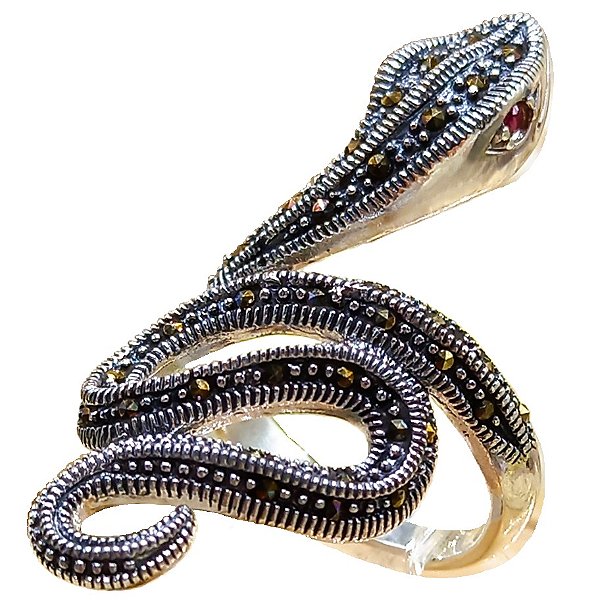 Máxi Anel Cobra Serpente De Prata 925 Com Marcassitas e Rubi Indiano