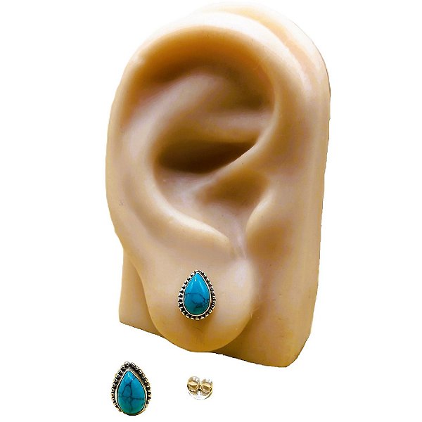 Brinco De Prata 925 Gota Pedra Natural Turquesa
