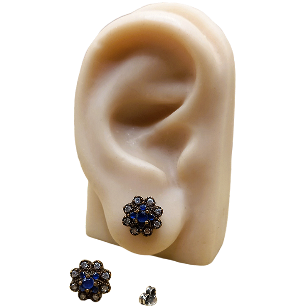 Brinco Turco de Prata 925 e Bronze Flor Azul e Cristal 4,2g