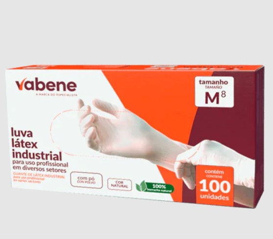 LUVA LATEX COM PÓ COR NATURAL TAM M COM 100UN VABENE