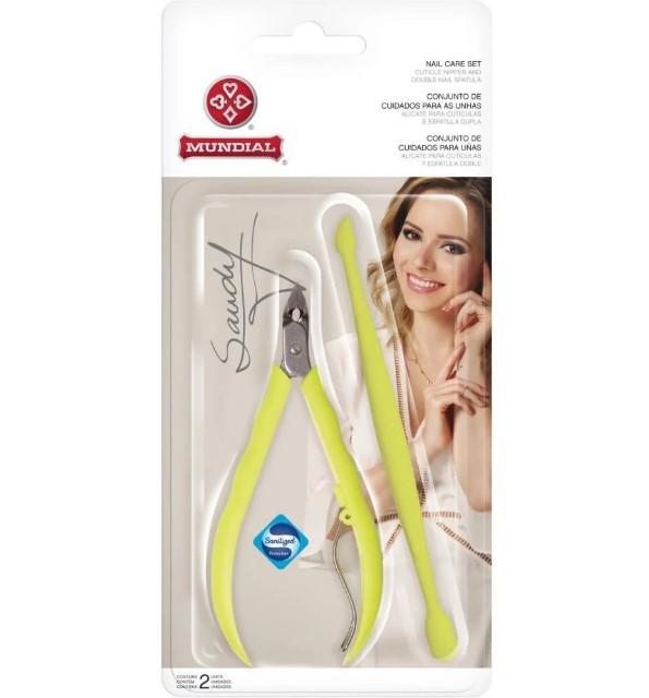 KIT ALICATE PARA CUTICULA + ESPATULA DUPLA SANDY COR AMARELO MUNDIAL