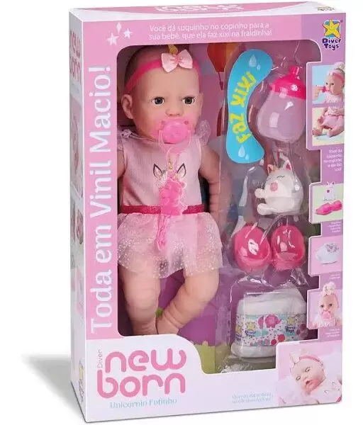 Boneca New Born Unicórnio Fofinho Faz Xixi - 8190 - DIVERTOYS