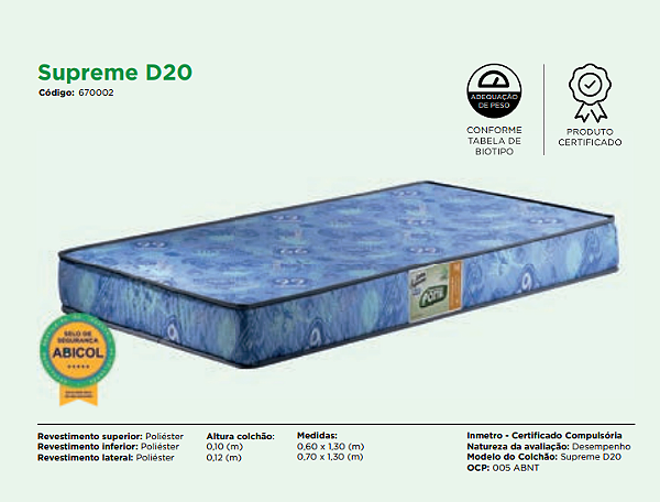 COLCHAO - SOLTEIRO - PORTAL 120x1880x880 ESPUMA SUPREME D20 ROTA 66 AZUL