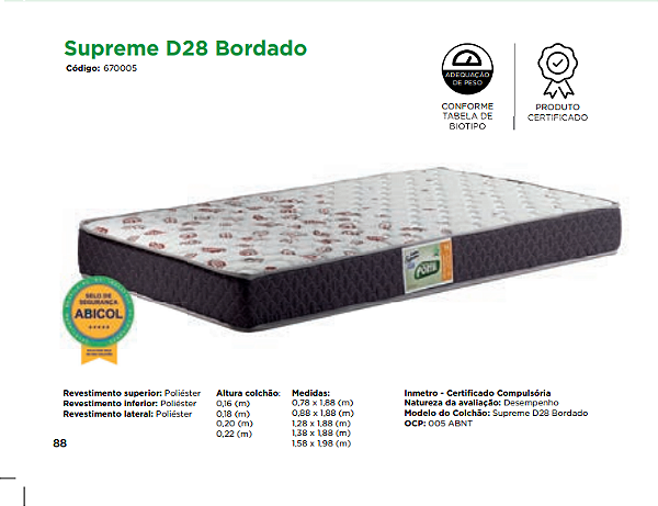 COLCHAO - SOLTEIRO - D28 SUPREME MARROM FLORA - 18x88x188 - PORTAL