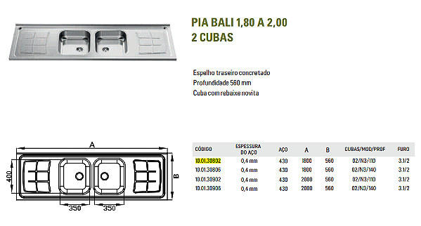 PIA DE COZINHA INOX 1,8M -  GHELPLUS CUBA 1800X560