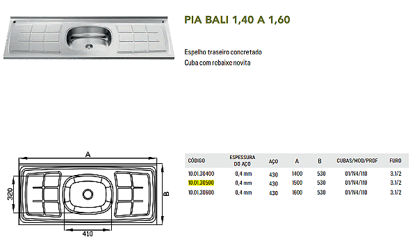 PIA DE COZINHA INOX 1,5M - GHELPLUS