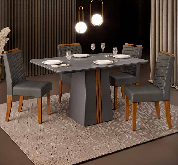 MESA DJ ITALIA 1,2M CINZA URBANO/FREIJO + 4 CADEIRAS JULIA FREIJO/VELUDO LUNAR